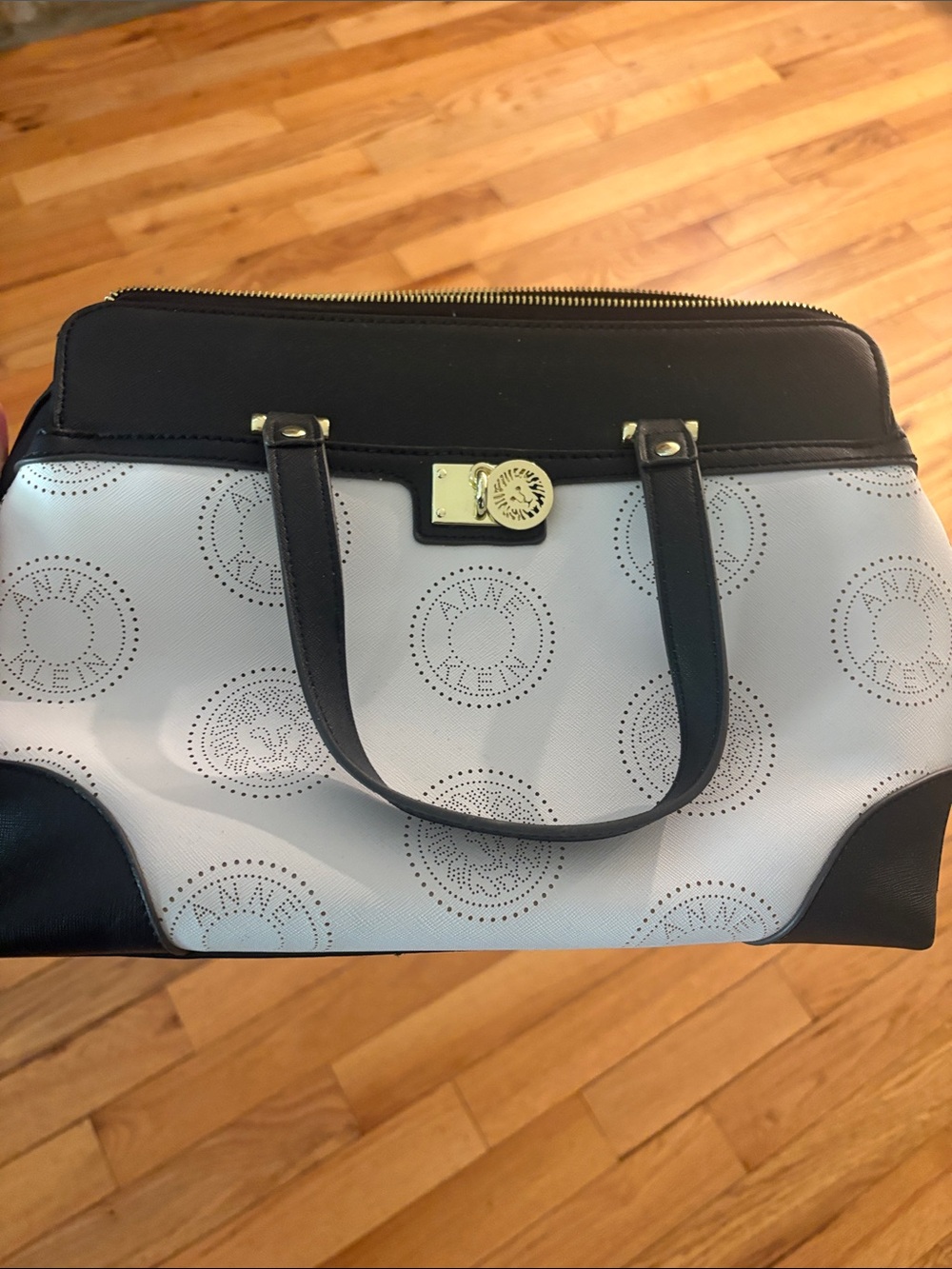 Anne Klein Black and White Perforated Logo Satchel